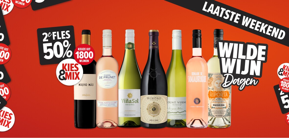 Laatste weekend: Wilde wijn dagen. meer dan 1800 wijnen tweede fles 50% korting! Kies & mix.